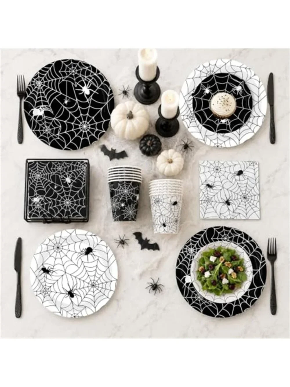 144 Pcs Halloween Plates and Napkins Set, Spider Web Tableware, Serves 24